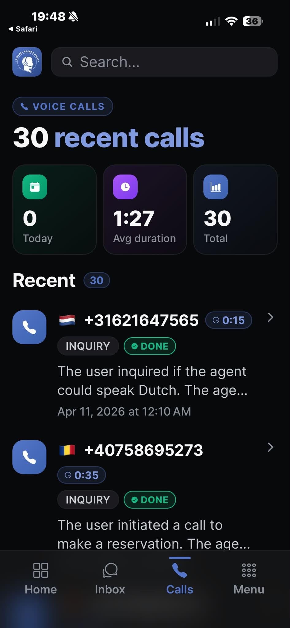 Virtual Receptionist App — Sprachanrufe